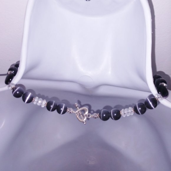 Handmad Charcoal Agate Beaded Necklace With Clear Beads Hand Crafted 17 inches - Picture 5 of 11